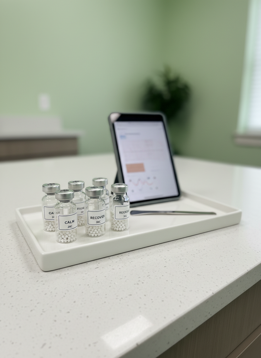 A close-up, photographic realistic view of a clean white tray on a clinic counter, holding a selection of small glass vials of homeopathic pellets, a stainless-steel tongue depressor, and a digital tablet showing a blurred, abstract medical chart with no readable text. The counter surface is smooth, light grey quartz with a subtle speckled pattern. In the softly blurred background, a wall in cool pastel green suggests a treatment room, with a vague outline of a plant adding life. Overhead LED panel lighting casts even, shadow-free illumination, creating a clinical yet welcoming mood. Captured from a slightly elevated angle with shallow depth of field, the focus is on the precision and organization of care.