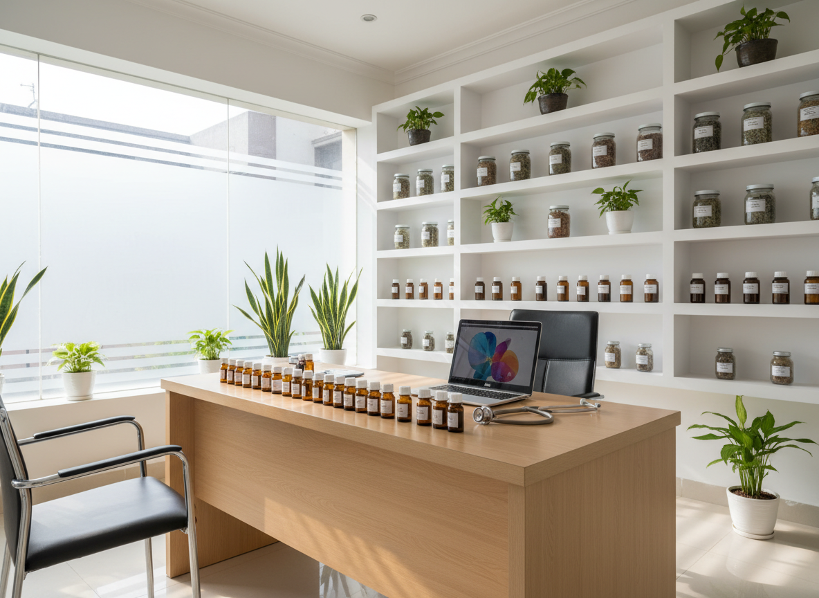 A bright, modern homeopathic consultation room in Faisalabad, shown in photographic realism. A polished light-wood desk holds neatly arranged amber glass remedy bottles with white caps, a stainless-steel stethoscope, and an open laptop displaying an abstract video-call interface without visible faces or text. Behind, white built-in shelves display labeled but unreadable jars of remedies and tidy green plants. Soft daylight filters through a large frosted window, creating gentle, diffused illumination and subtle shadows. Shot at eye level with a slightly wide angle, the composition uses the rule of thirds to balance desk and shelves, evoking a professional, calm, and trustworthy clinical atmosphere.